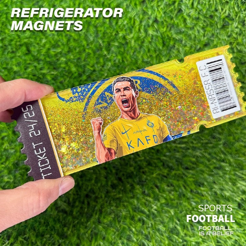 Football Star Ticket-Style Refrigerator Magnet – Glitter Edition | Fan Collectible