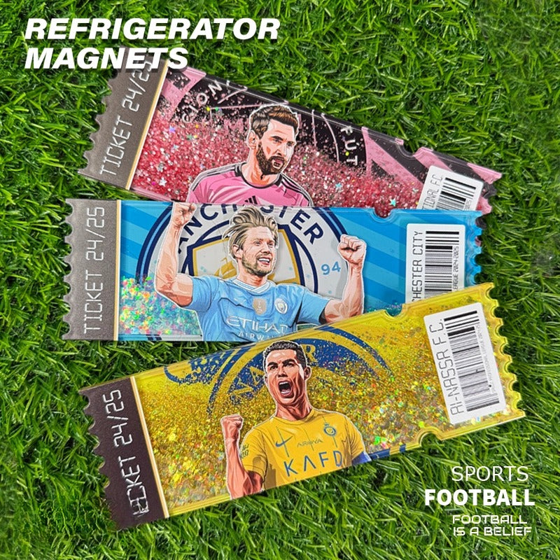 Football Star Ticket-Style Refrigerator Magnet – Glitter Edition | Fan Collectible