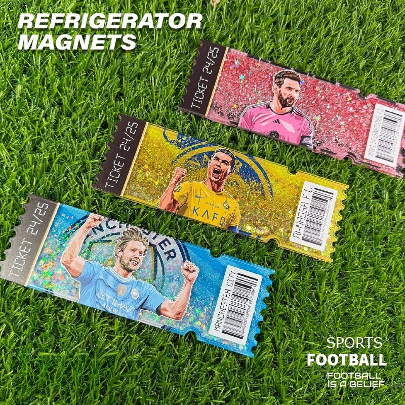 Football Star Ticket-Style Refrigerator Magnet – Glitter Edition | Fan Collectible